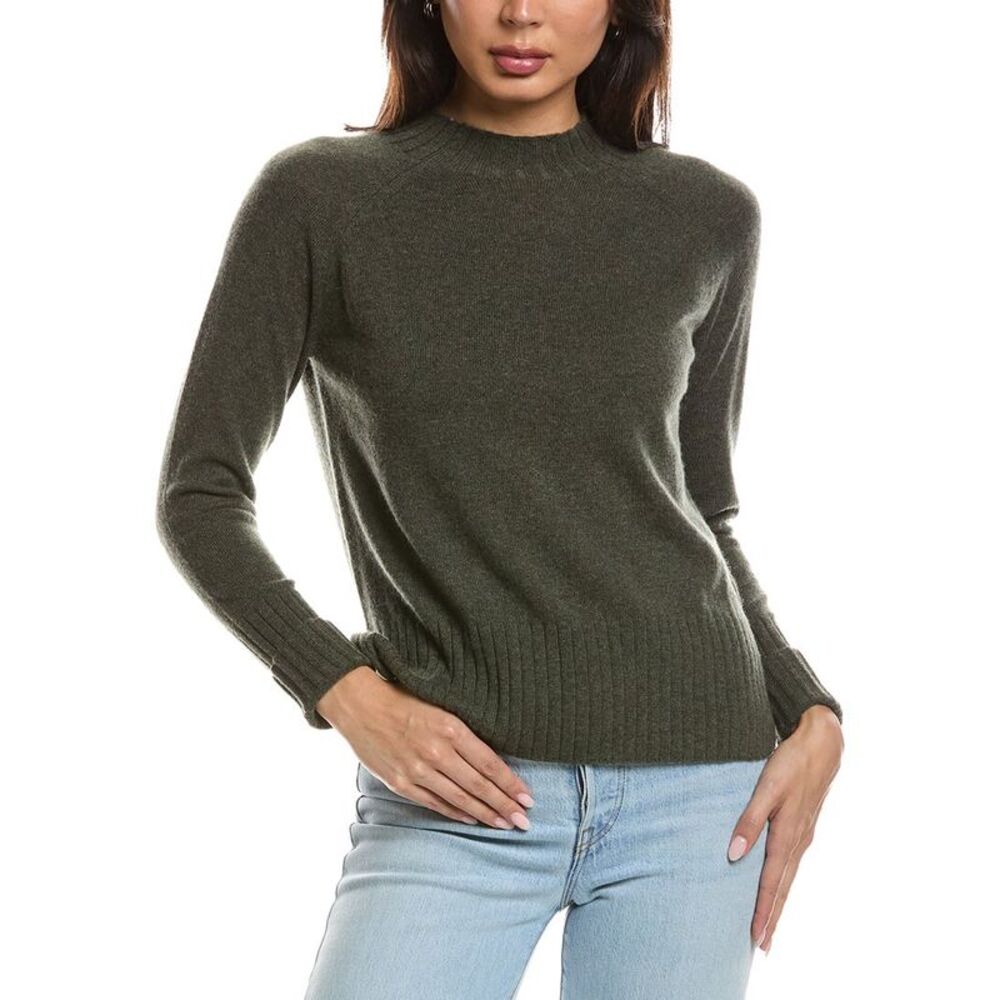 Forte Cashmere Womens  Hi Low Rib Trim Funnel Neck 100% Cashmere Sweater, Green